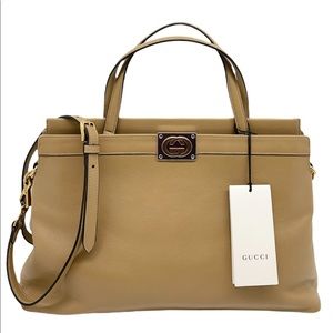 Gucci New With Tags GG Interlocking Matisse Medium Top Handle Tan Leather Tote